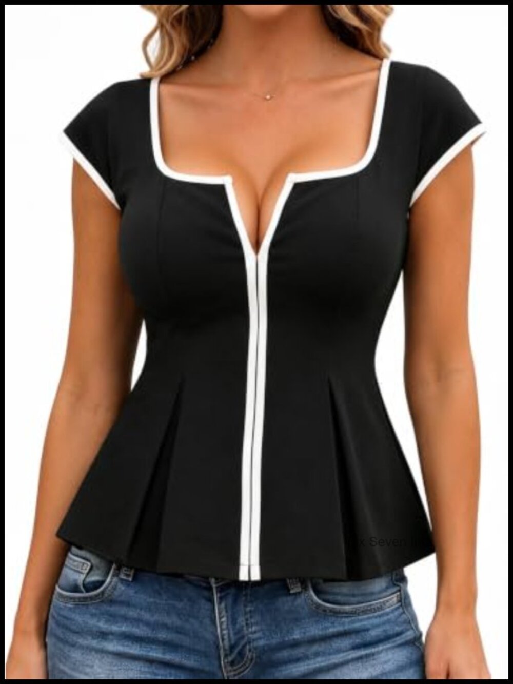 Square Neck Peplum Blouse Cap Sleeve Zip Front Business Casual Top